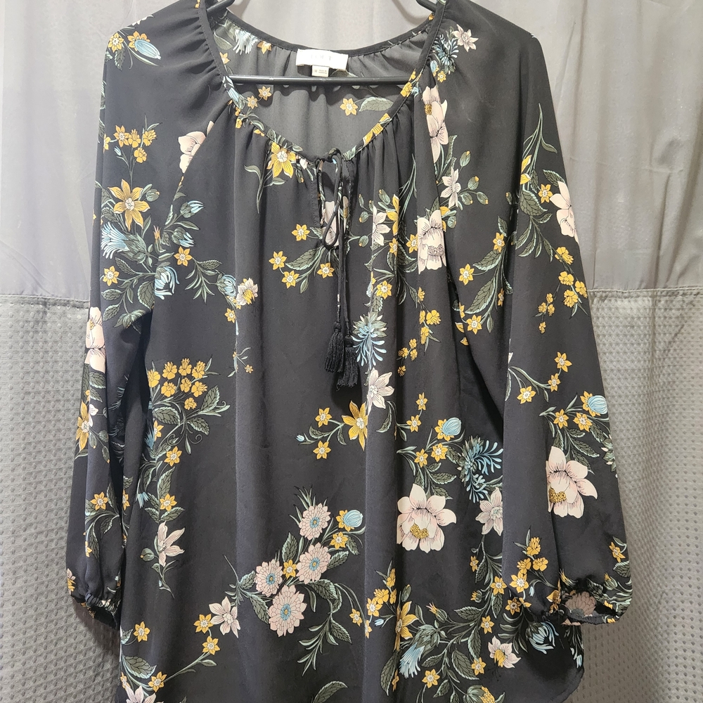 LOFT Black Blouse with Floral Design
